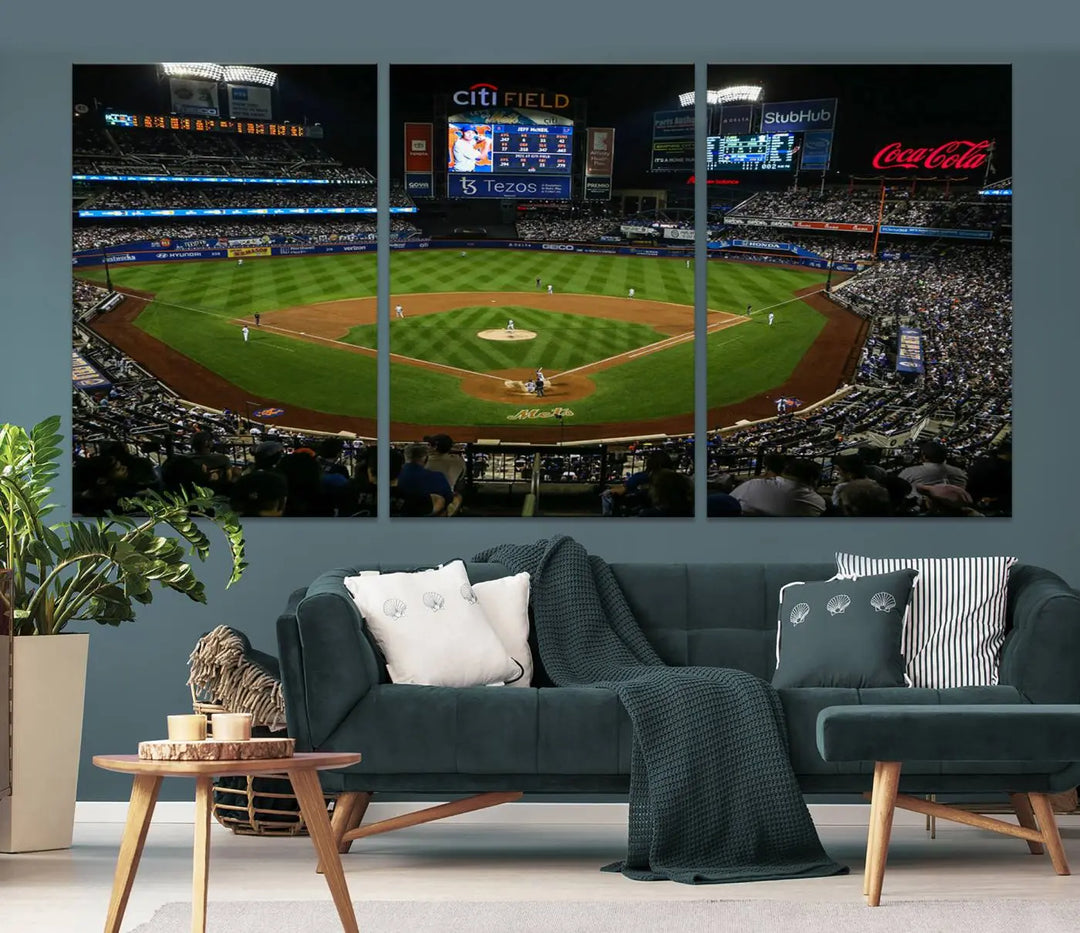 A living room featuring the "Los Angeles Dodgers Baseball Team Print - California Dodger Stadium Wall Art Canvas Print" as a premium three-panel artwork.