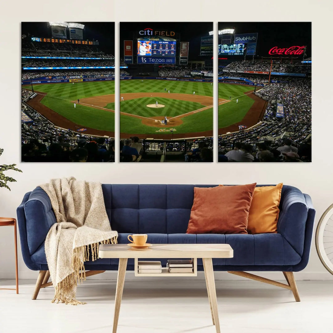 A living room featuring the "Los Angeles Dodgers Baseball Team Print - California Dodger Stadium Wall Art Canvas Print" as a premium three-panel artwork.