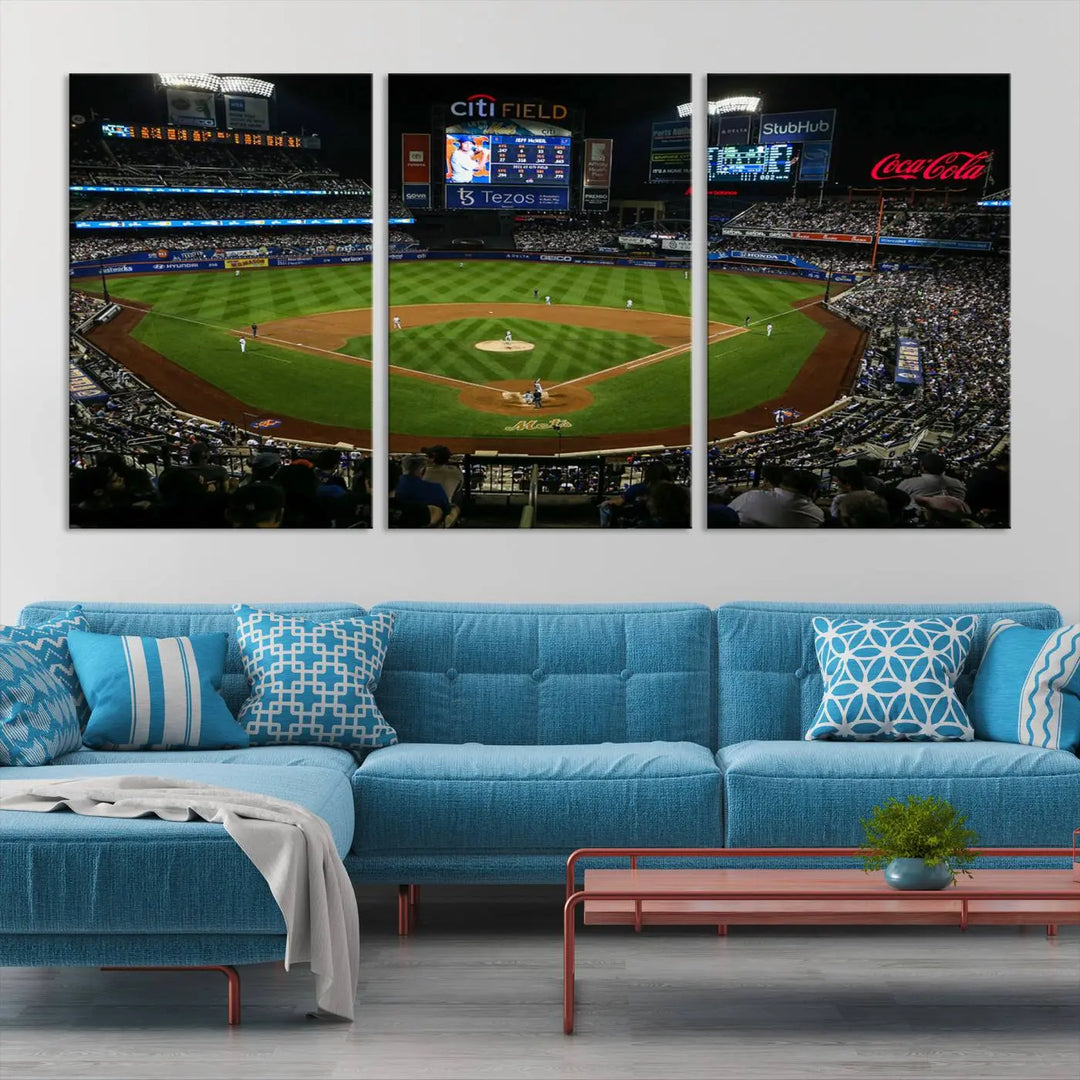 A living room featuring the "Los Angeles Dodgers Baseball Team Print - California Dodger Stadium Wall Art Canvas Print" as a premium three-panel artwork.