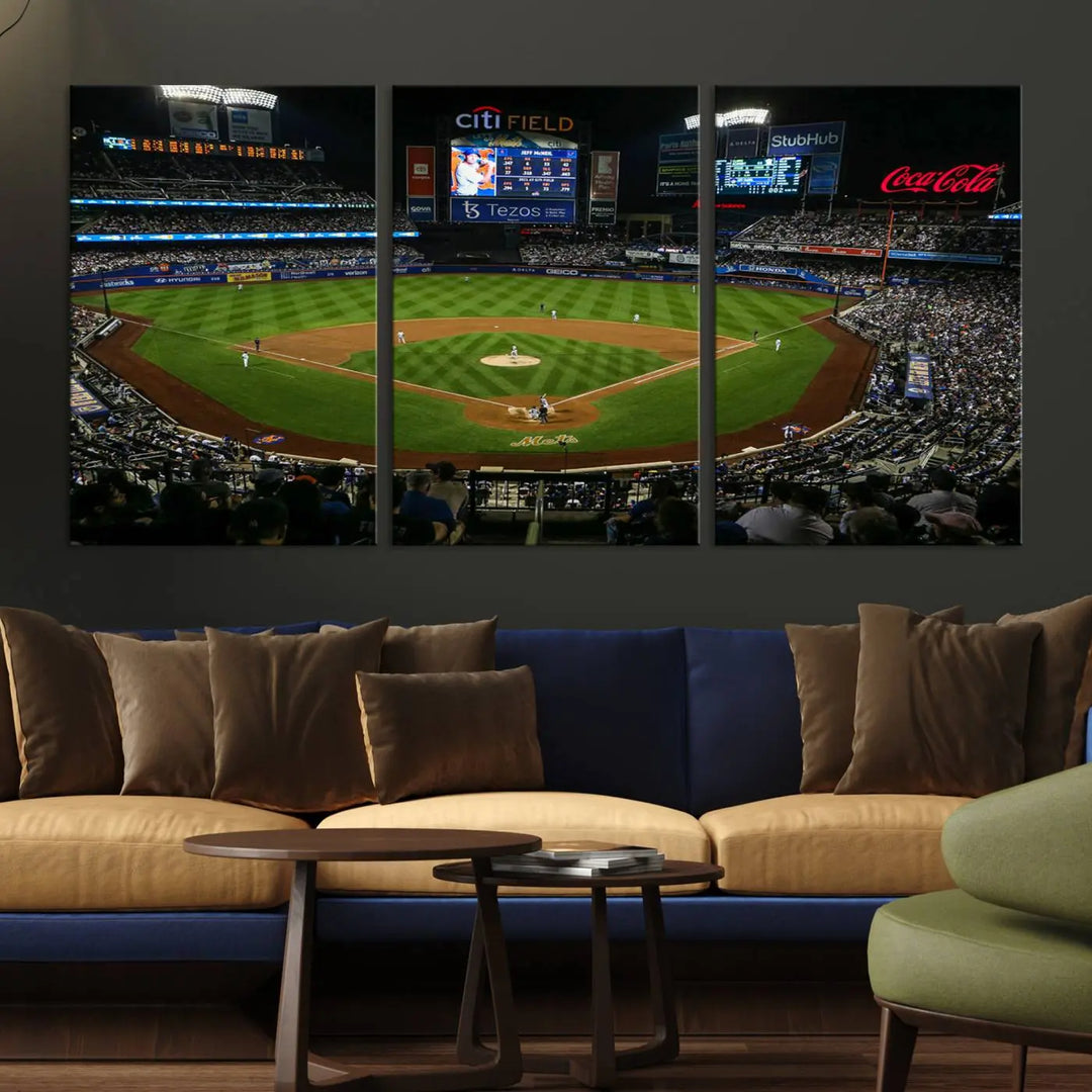 A living room featuring the "Los Angeles Dodgers Baseball Team Print - California Dodger Stadium Wall Art Canvas Print" as a premium three-panel artwork.