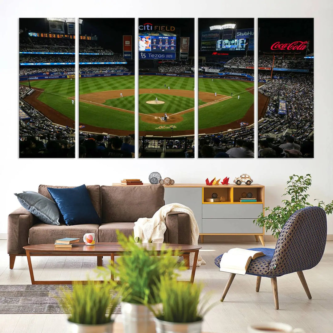 A living room featuring the "Los Angeles Dodgers Baseball Team Print - California Dodger Stadium Wall Art Canvas Print" as a premium three-panel artwork.