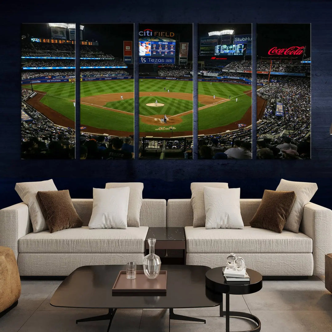 A living room featuring the "Los Angeles Dodgers Baseball Team Print - California Dodger Stadium Wall Art Canvas Print" as a premium three-panel artwork.