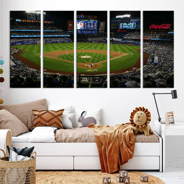 A living room featuring the "Los Angeles Dodgers Baseball Team Print - California Dodger Stadium Wall Art Canvas Print" as a premium three-panel artwork.