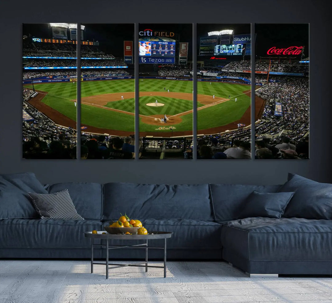 A living room featuring the "Los Angeles Dodgers Baseball Team Print - California Dodger Stadium Wall Art Canvas Print" as a premium three-panel artwork.