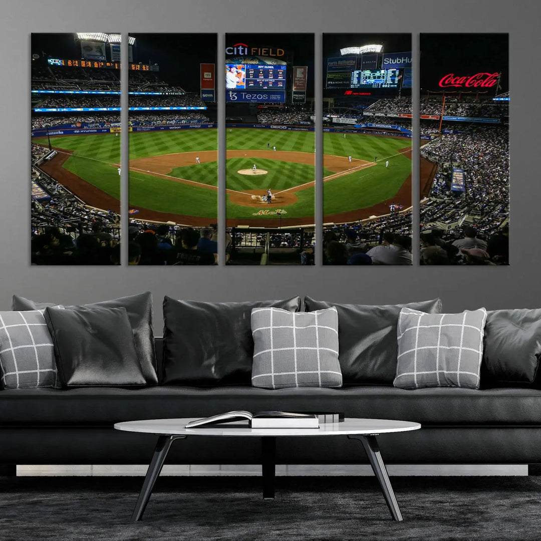 A living room featuring the "Los Angeles Dodgers Baseball Team Print - California Dodger Stadium Wall Art Canvas Print" as a premium three-panel artwork.