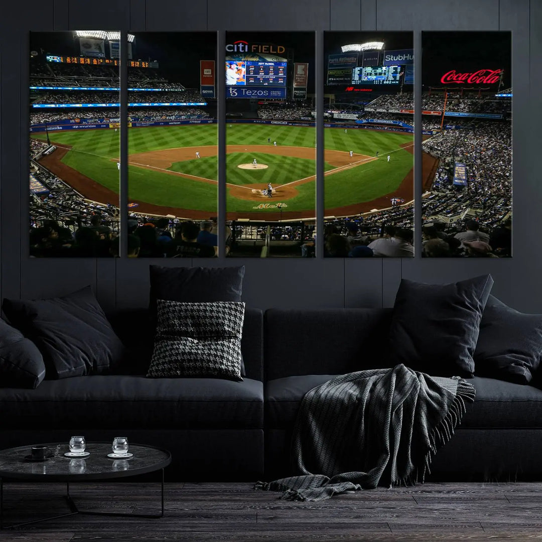 A living room featuring the "Los Angeles Dodgers Baseball Team Print - California Dodger Stadium Wall Art Canvas Print" as a premium three-panel artwork.