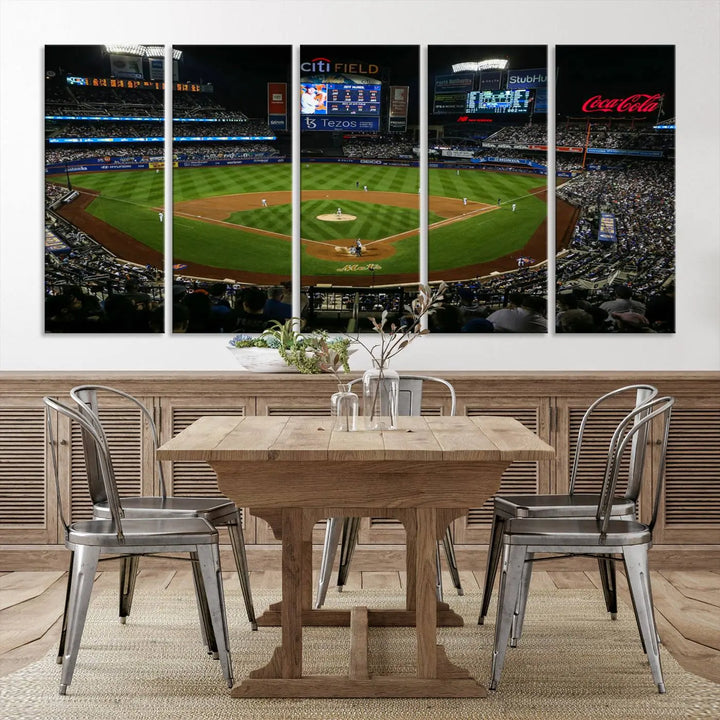 A living room featuring the "Los Angeles Dodgers Baseball Team Print - California Dodger Stadium Wall Art Canvas Print" as a premium three-panel artwork.