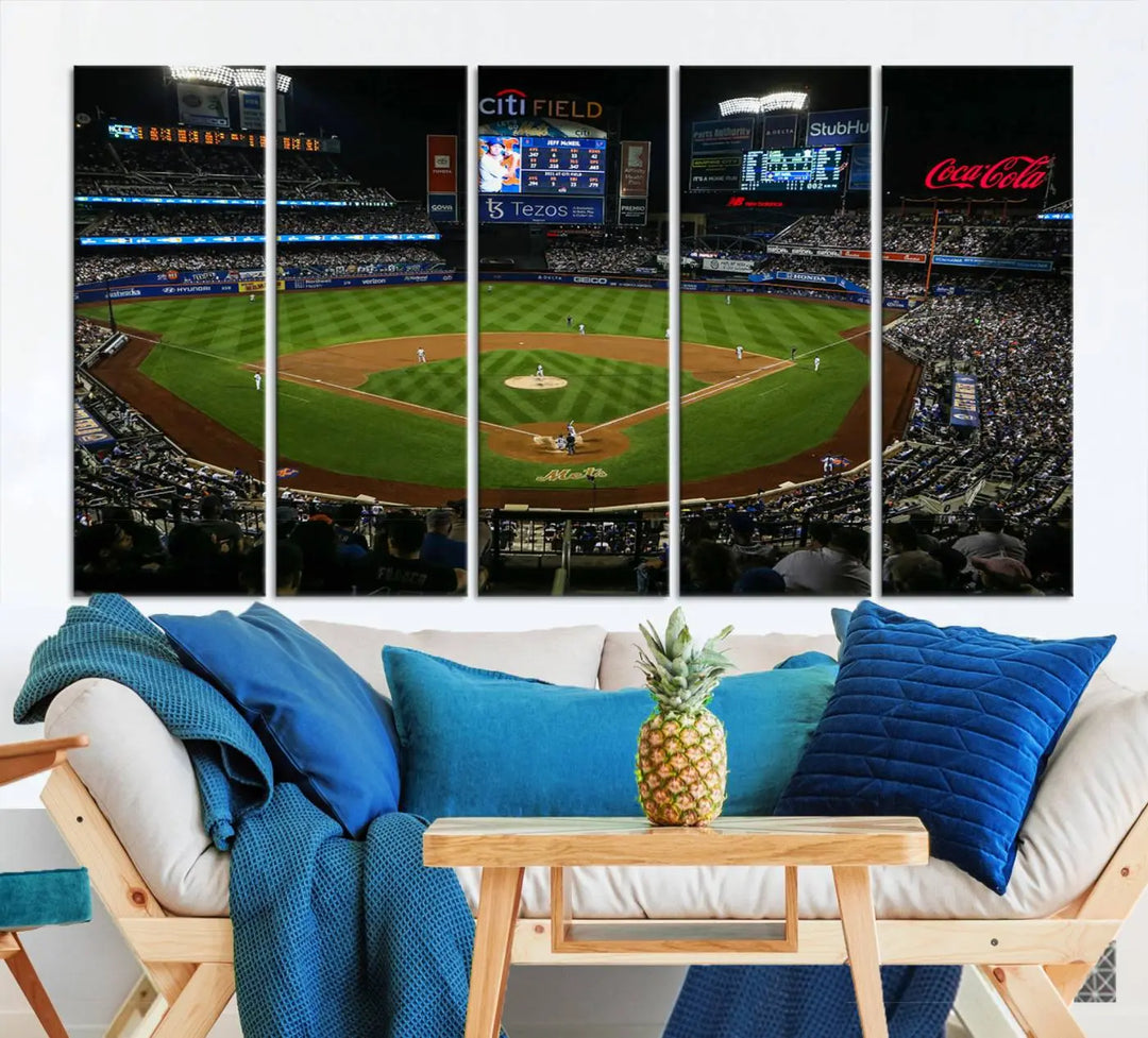 A living room featuring the "Los Angeles Dodgers Baseball Team Print - California Dodger Stadium Wall Art Canvas Print" as a premium three-panel artwork.