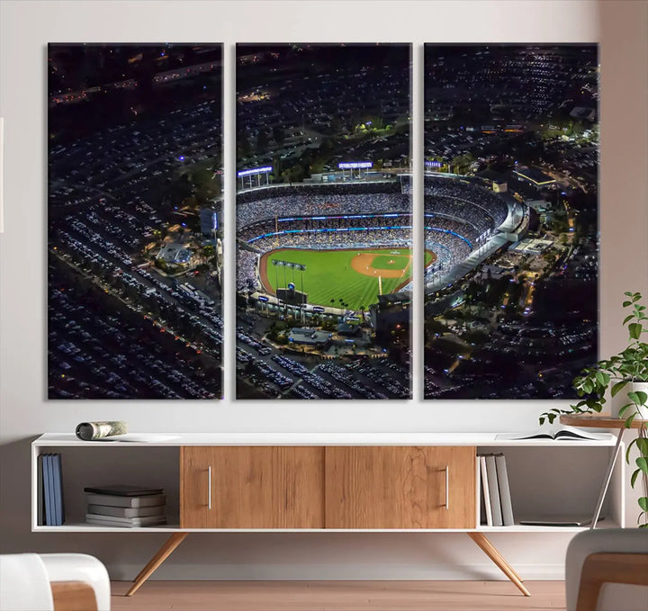 Immerse yourself in the Los Angeles Dodgers Baseball Team Print, featuring Dodger Stadium illuminated at night. This stunning piece is crafted on museum-quality canvas with a UV-protective coating, showcasing the stadium and its surrounding parking lot. Enjoy free shipping with your purchase.