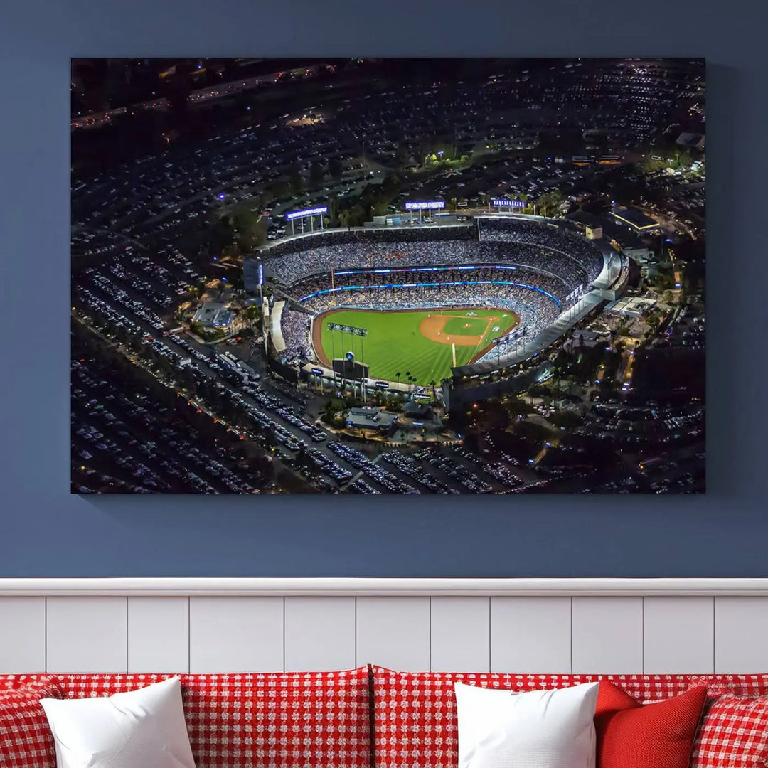 Immerse yourself in the Los Angeles Dodgers Baseball Team Print, featuring Dodger Stadium illuminated at night. This stunning piece is crafted on museum-quality canvas with a UV-protective coating, showcasing the stadium and its surrounding parking lot. Enjoy free shipping with your purchase.