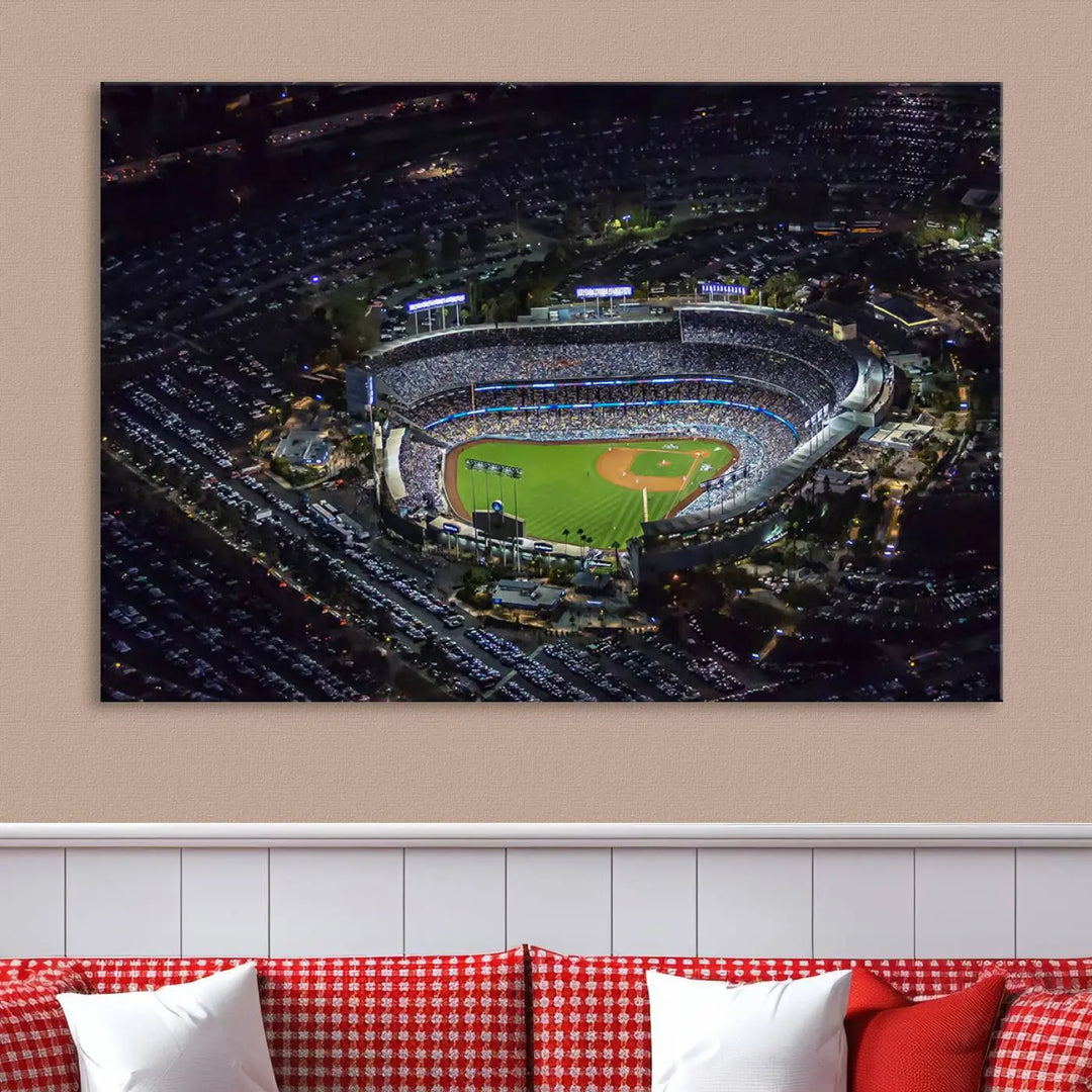 Immerse yourself in the Los Angeles Dodgers Baseball Team Print, featuring Dodger Stadium illuminated at night. This stunning piece is crafted on museum-quality canvas with a UV-protective coating, showcasing the stadium and its surrounding parking lot. Enjoy free shipping with your purchase.