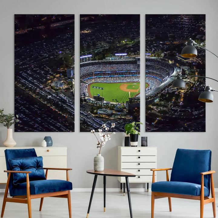 Immerse yourself in the Los Angeles Dodgers Baseball Team Print, featuring Dodger Stadium illuminated at night. This stunning piece is crafted on museum-quality canvas with a UV-protective coating, showcasing the stadium and its surrounding parking lot. Enjoy free shipping with your purchase.