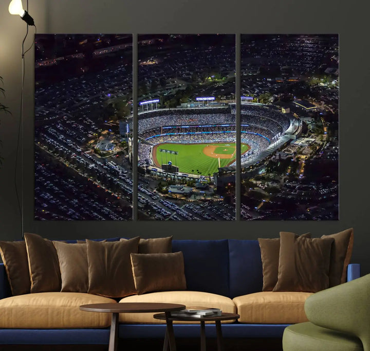 Immerse yourself in the Los Angeles Dodgers Baseball Team Print, featuring Dodger Stadium illuminated at night. This stunning piece is crafted on museum-quality canvas with a UV-protective coating, showcasing the stadium and its surrounding parking lot. Enjoy free shipping with your purchase.