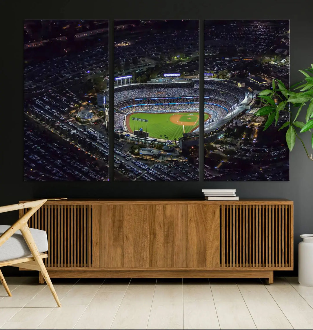 Immerse yourself in the Los Angeles Dodgers Baseball Team Print, featuring Dodger Stadium illuminated at night. This stunning piece is crafted on museum-quality canvas with a UV-protective coating, showcasing the stadium and its surrounding parking lot. Enjoy free shipping with your purchase.