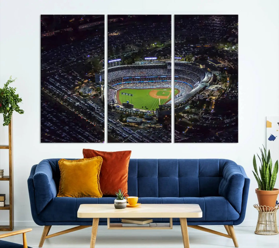 Immerse yourself in the Los Angeles Dodgers Baseball Team Print, featuring Dodger Stadium illuminated at night. This stunning piece is crafted on museum-quality canvas with a UV-protective coating, showcasing the stadium and its surrounding parking lot. Enjoy free shipping with your purchase.