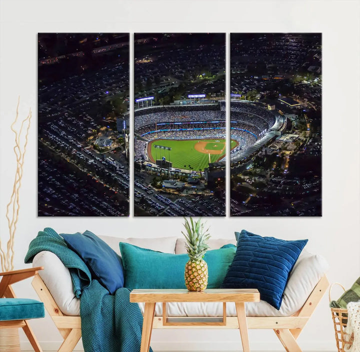 Immerse yourself in the Los Angeles Dodgers Baseball Team Print, featuring Dodger Stadium illuminated at night. This stunning piece is crafted on museum-quality canvas with a UV-protective coating, showcasing the stadium and its surrounding parking lot. Enjoy free shipping with your purchase.