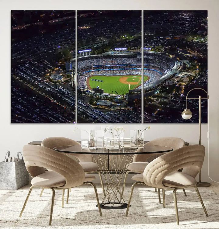 Immerse yourself in the Los Angeles Dodgers Baseball Team Print, featuring Dodger Stadium illuminated at night. This stunning piece is crafted on museum-quality canvas with a UV-protective coating, showcasing the stadium and its surrounding parking lot. Enjoy free shipping with your purchase.