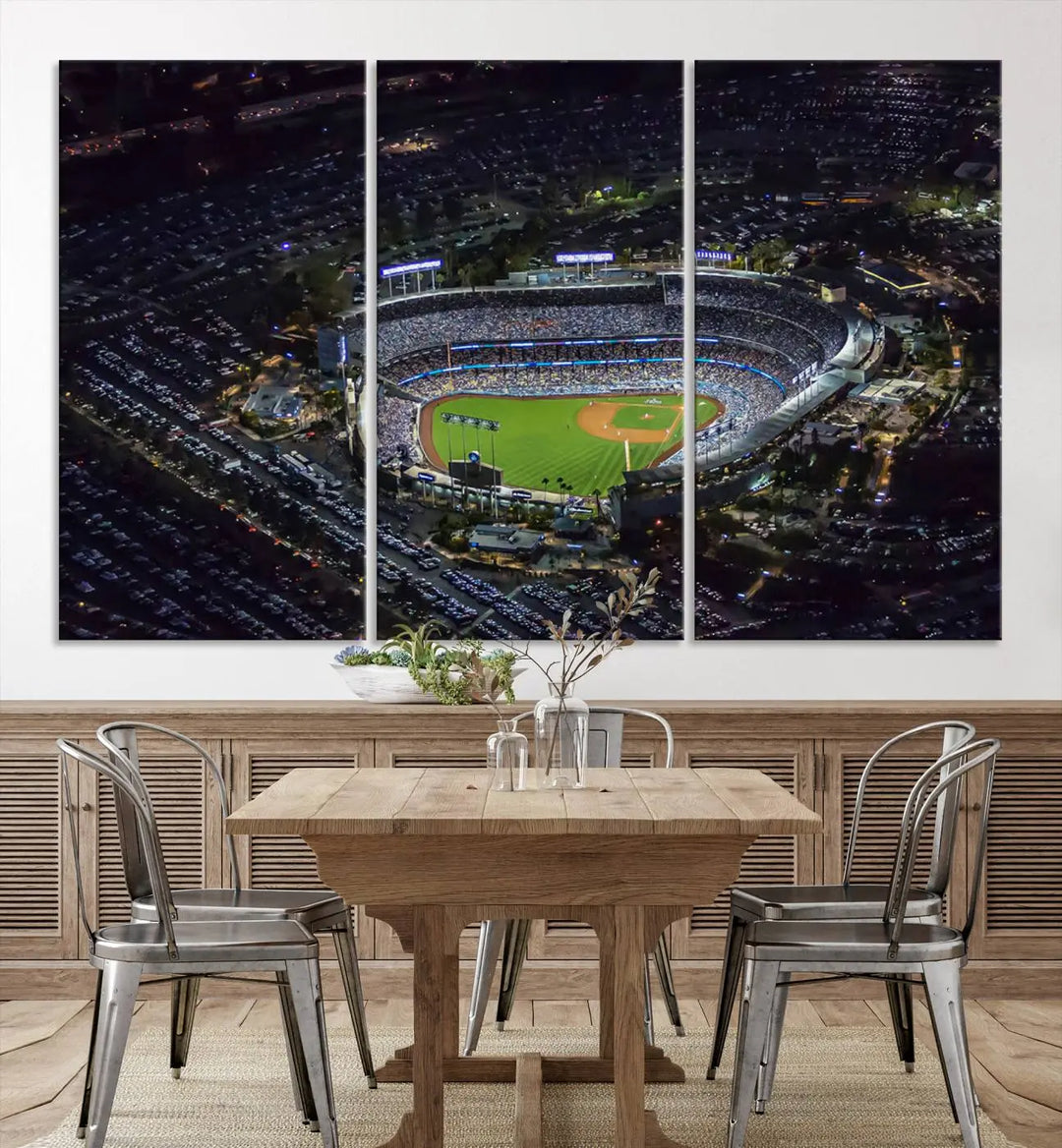 Immerse yourself in the Los Angeles Dodgers Baseball Team Print, featuring Dodger Stadium illuminated at night. This stunning piece is crafted on museum-quality canvas with a UV-protective coating, showcasing the stadium and its surrounding parking lot. Enjoy free shipping with your purchase.