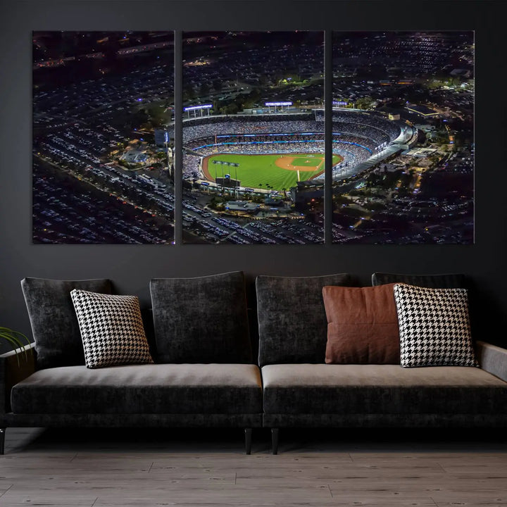 Immerse yourself in the Los Angeles Dodgers Baseball Team Print, featuring Dodger Stadium illuminated at night. This stunning piece is crafted on museum-quality canvas with a UV-protective coating, showcasing the stadium and its surrounding parking lot. Enjoy free shipping with your purchase.