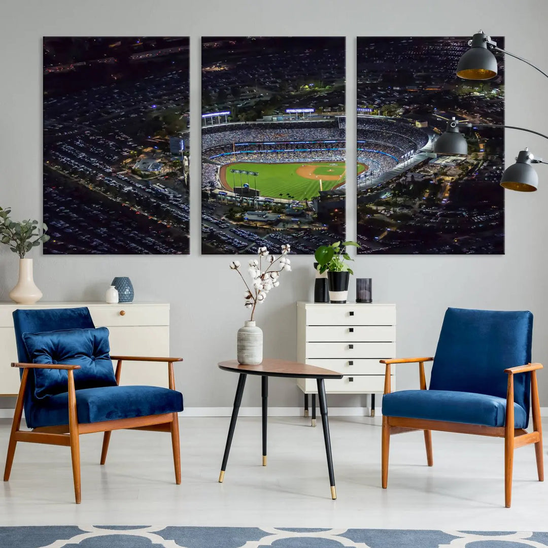 Immerse yourself in the Los Angeles Dodgers Baseball Team Print, featuring Dodger Stadium illuminated at night. This stunning piece is crafted on museum-quality canvas with a UV-protective coating, showcasing the stadium and its surrounding parking lot. Enjoy free shipping with your purchase.