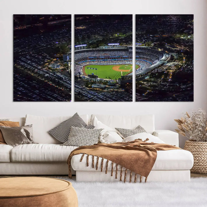 Immerse yourself in the Los Angeles Dodgers Baseball Team Print, featuring Dodger Stadium illuminated at night. This stunning piece is crafted on museum-quality canvas with a UV-protective coating, showcasing the stadium and its surrounding parking lot. Enjoy free shipping with your purchase.