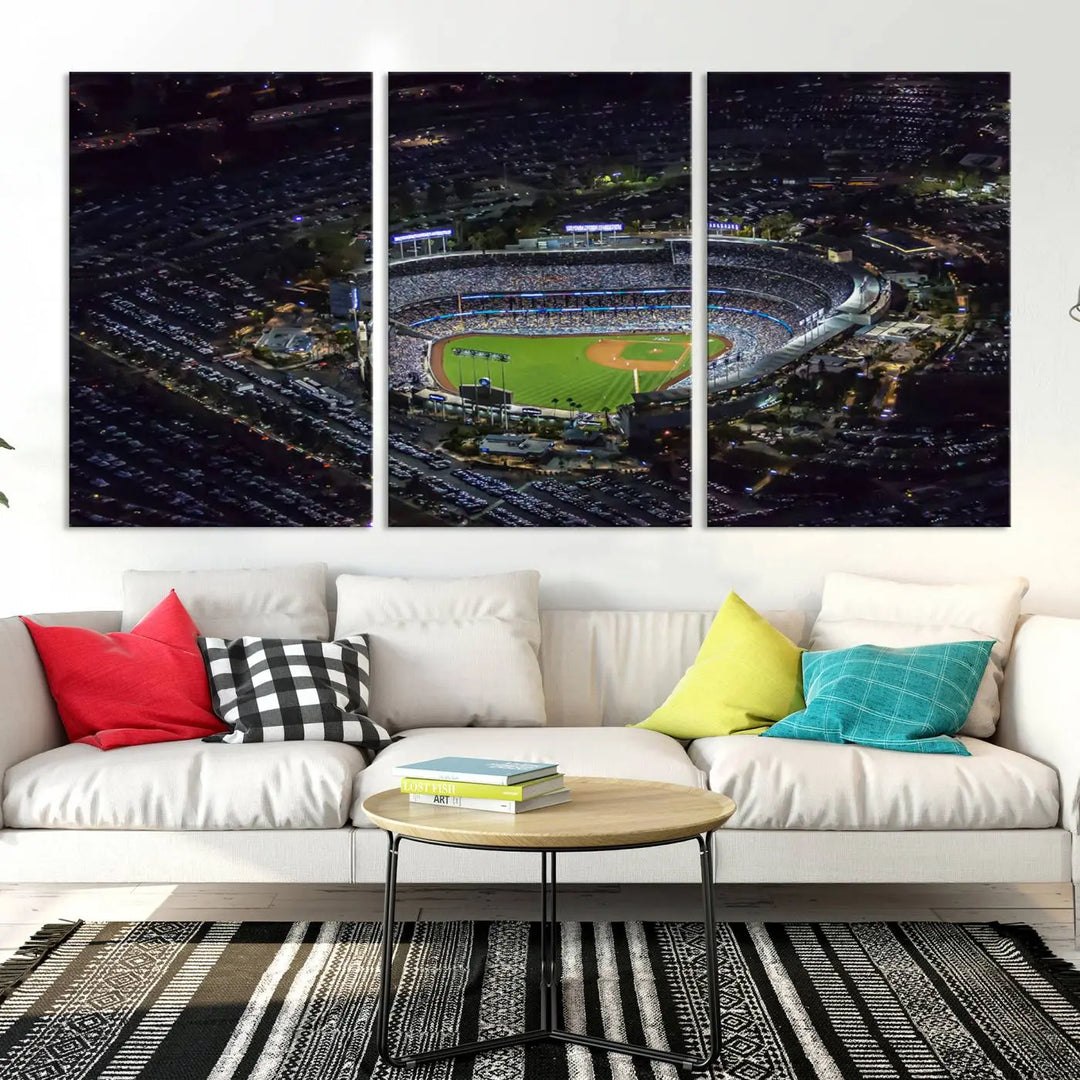 Immerse yourself in the Los Angeles Dodgers Baseball Team Print, featuring Dodger Stadium illuminated at night. This stunning piece is crafted on museum-quality canvas with a UV-protective coating, showcasing the stadium and its surrounding parking lot. Enjoy free shipping with your purchase.