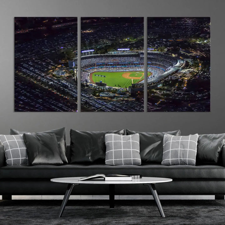 Immerse yourself in the Los Angeles Dodgers Baseball Team Print, featuring Dodger Stadium illuminated at night. This stunning piece is crafted on museum-quality canvas with a UV-protective coating, showcasing the stadium and its surrounding parking lot. Enjoy free shipping with your purchase.