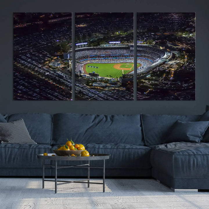 Immerse yourself in the Los Angeles Dodgers Baseball Team Print, featuring Dodger Stadium illuminated at night. This stunning piece is crafted on museum-quality canvas with a UV-protective coating, showcasing the stadium and its surrounding parking lot. Enjoy free shipping with your purchase.