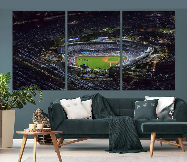 Immerse yourself in the Los Angeles Dodgers Baseball Team Print, featuring Dodger Stadium illuminated at night. This stunning piece is crafted on museum-quality canvas with a UV-protective coating, showcasing the stadium and its surrounding parking lot. Enjoy free shipping with your purchase.