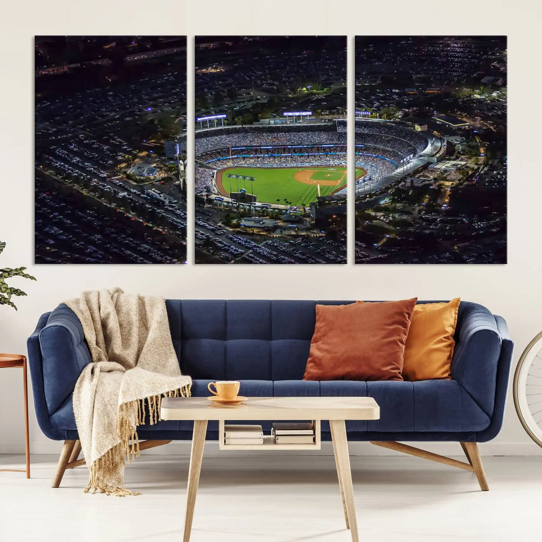 Immerse yourself in the Los Angeles Dodgers Baseball Team Print, featuring Dodger Stadium illuminated at night. This stunning piece is crafted on museum-quality canvas with a UV-protective coating, showcasing the stadium and its surrounding parking lot. Enjoy free shipping with your purchase.