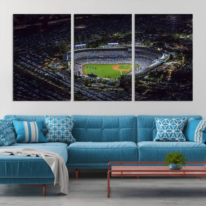 Immerse yourself in the Los Angeles Dodgers Baseball Team Print, featuring Dodger Stadium illuminated at night. This stunning piece is crafted on museum-quality canvas with a UV-protective coating, showcasing the stadium and its surrounding parking lot. Enjoy free shipping with your purchase.