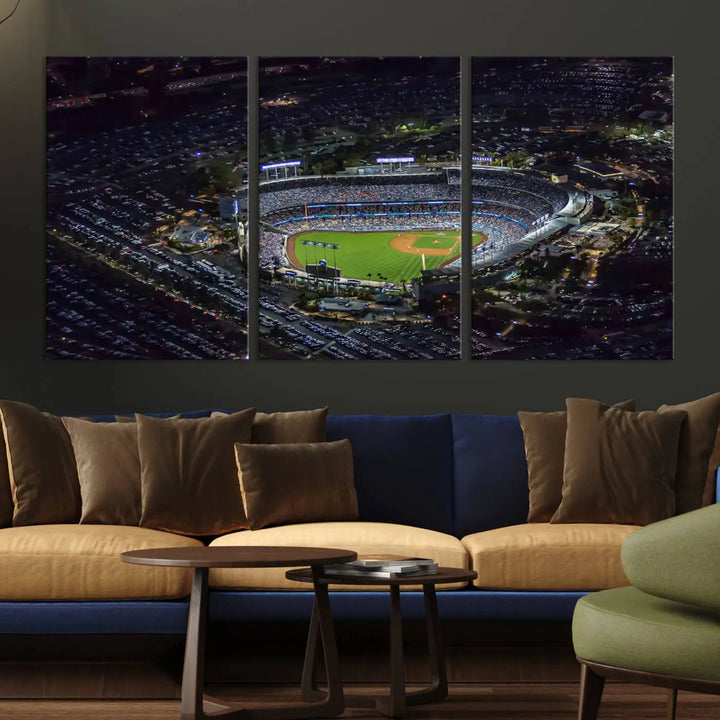 Immerse yourself in the Los Angeles Dodgers Baseball Team Print, featuring Dodger Stadium illuminated at night. This stunning piece is crafted on museum-quality canvas with a UV-protective coating, showcasing the stadium and its surrounding parking lot. Enjoy free shipping with your purchase.