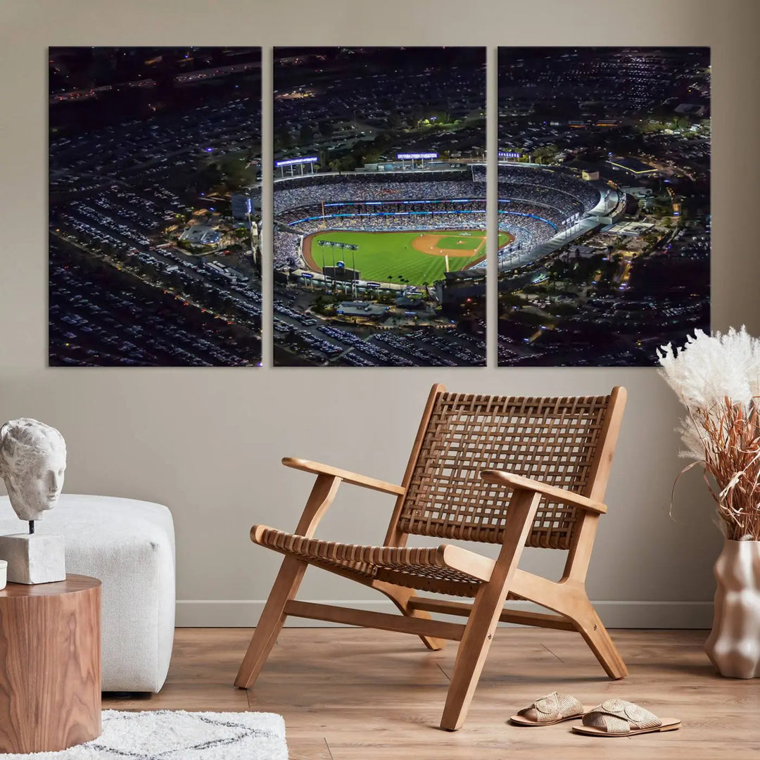 Immerse yourself in the Los Angeles Dodgers Baseball Team Print, featuring Dodger Stadium illuminated at night. This stunning piece is crafted on museum-quality canvas with a UV-protective coating, showcasing the stadium and its surrounding parking lot. Enjoy free shipping with your purchase.