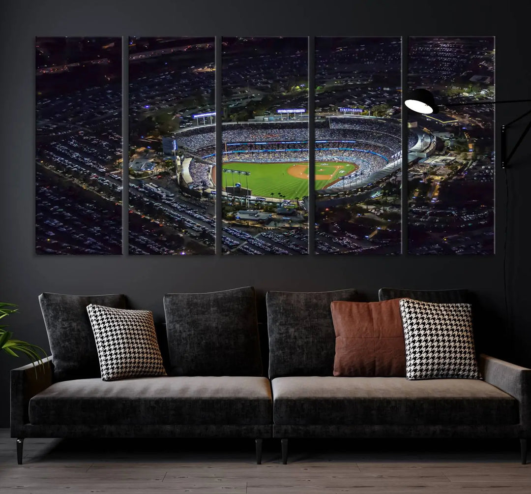 Immerse yourself in the Los Angeles Dodgers Baseball Team Print, featuring Dodger Stadium illuminated at night. This stunning piece is crafted on museum-quality canvas with a UV-protective coating, showcasing the stadium and its surrounding parking lot. Enjoy free shipping with your purchase.