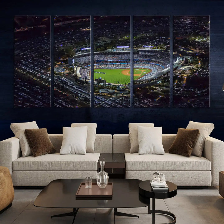 Immerse yourself in the Los Angeles Dodgers Baseball Team Print, featuring Dodger Stadium illuminated at night. This stunning piece is crafted on museum-quality canvas with a UV-protective coating, showcasing the stadium and its surrounding parking lot. Enjoy free shipping with your purchase.