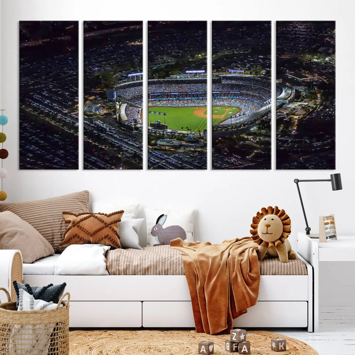 Immerse yourself in the Los Angeles Dodgers Baseball Team Print, featuring Dodger Stadium illuminated at night. This stunning piece is crafted on museum-quality canvas with a UV-protective coating, showcasing the stadium and its surrounding parking lot. Enjoy free shipping with your purchase.