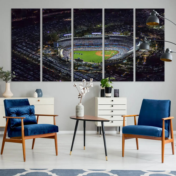 Immerse yourself in the Los Angeles Dodgers Baseball Team Print, featuring Dodger Stadium illuminated at night. This stunning piece is crafted on museum-quality canvas with a UV-protective coating, showcasing the stadium and its surrounding parking lot. Enjoy free shipping with your purchase.