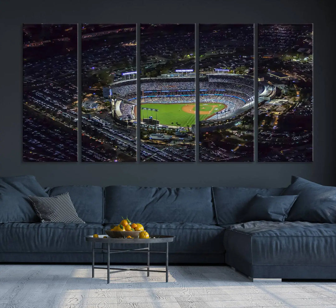 Immerse yourself in the Los Angeles Dodgers Baseball Team Print, featuring Dodger Stadium illuminated at night. This stunning piece is crafted on museum-quality canvas with a UV-protective coating, showcasing the stadium and its surrounding parking lot. Enjoy free shipping with your purchase.