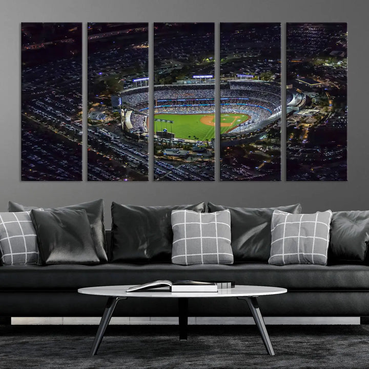 Immerse yourself in the Los Angeles Dodgers Baseball Team Print, featuring Dodger Stadium illuminated at night. This stunning piece is crafted on museum-quality canvas with a UV-protective coating, showcasing the stadium and its surrounding parking lot. Enjoy free shipping with your purchase.