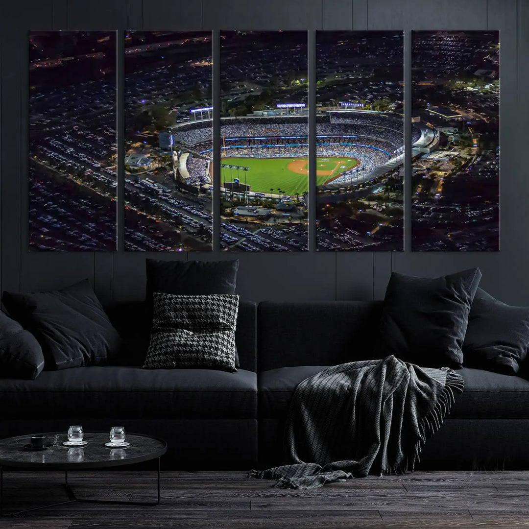 Immerse yourself in the Los Angeles Dodgers Baseball Team Print, featuring Dodger Stadium illuminated at night. This stunning piece is crafted on museum-quality canvas with a UV-protective coating, showcasing the stadium and its surrounding parking lot. Enjoy free shipping with your purchase.