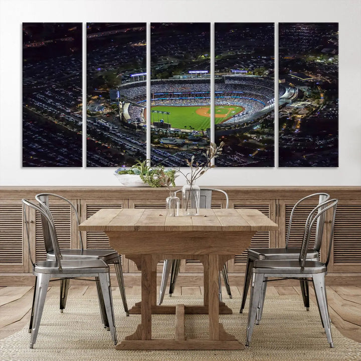 Immerse yourself in the Los Angeles Dodgers Baseball Team Print, featuring Dodger Stadium illuminated at night. This stunning piece is crafted on museum-quality canvas with a UV-protective coating, showcasing the stadium and its surrounding parking lot. Enjoy free shipping with your purchase.