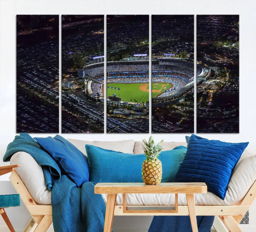 Immerse yourself in the Los Angeles Dodgers Baseball Team Print, featuring Dodger Stadium illuminated at night. This stunning piece is crafted on museum-quality canvas with a UV-protective coating, showcasing the stadium and its surrounding parking lot. Enjoy free shipping with your purchase.