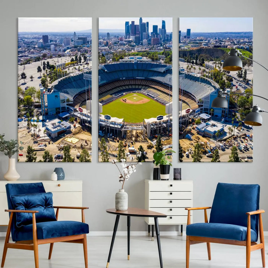 Aerial view of Dodger Stadium, home to the Los Angeles Dodgers, set against a city skyline and featured as a striking wall art piece across three framed panels, offering a gallery-quality finish.