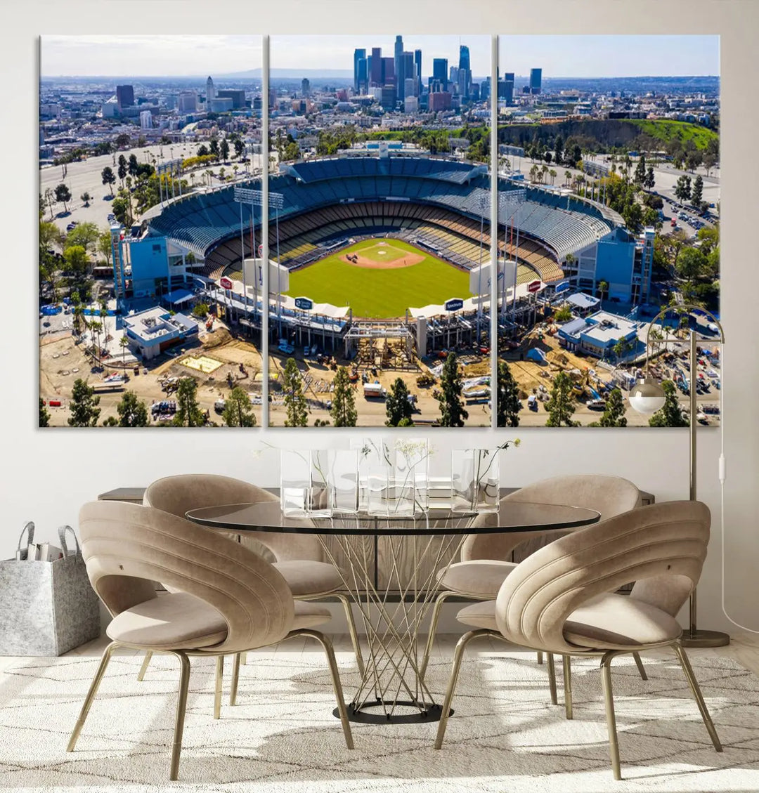 Aerial view of Dodger Stadium, home to the Los Angeles Dodgers, set against a city skyline and featured as a striking wall art piece across three framed panels, offering a gallery-quality finish.