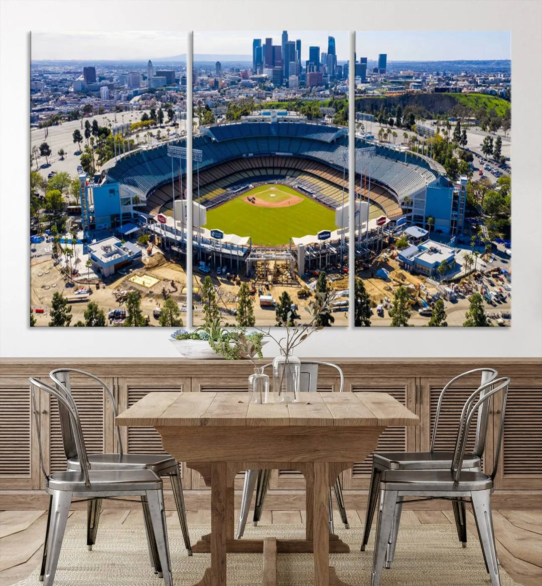 Aerial view of Dodger Stadium, home to the Los Angeles Dodgers, set against a city skyline and featured as a striking wall art piece across three framed panels, offering a gallery-quality finish.