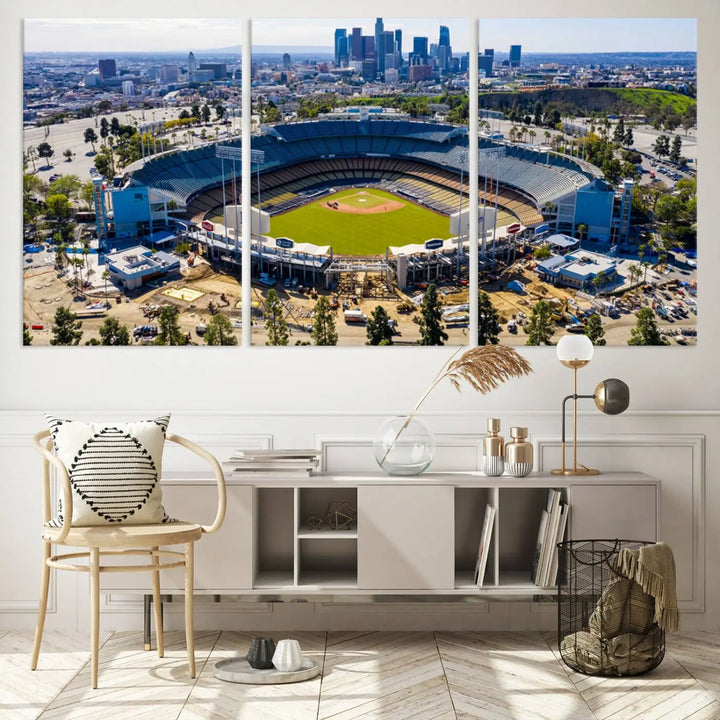 Aerial view of Dodger Stadium, home to the Los Angeles Dodgers, set against a city skyline and featured as a striking wall art piece across three framed panels, offering a gallery-quality finish.