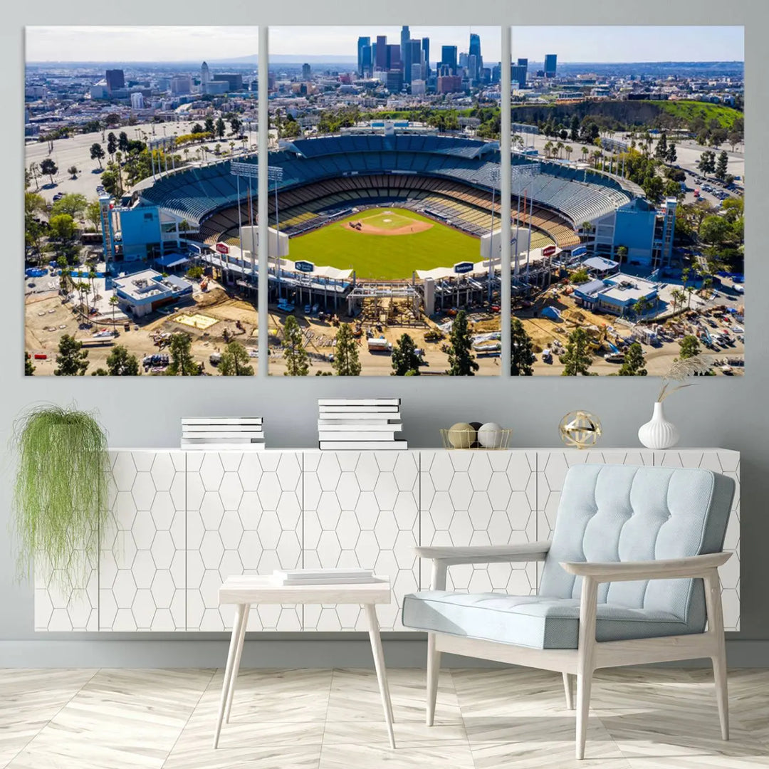 Aerial view of Dodger Stadium, home to the Los Angeles Dodgers, set against a city skyline and featured as a striking wall art piece across three framed panels, offering a gallery-quality finish.