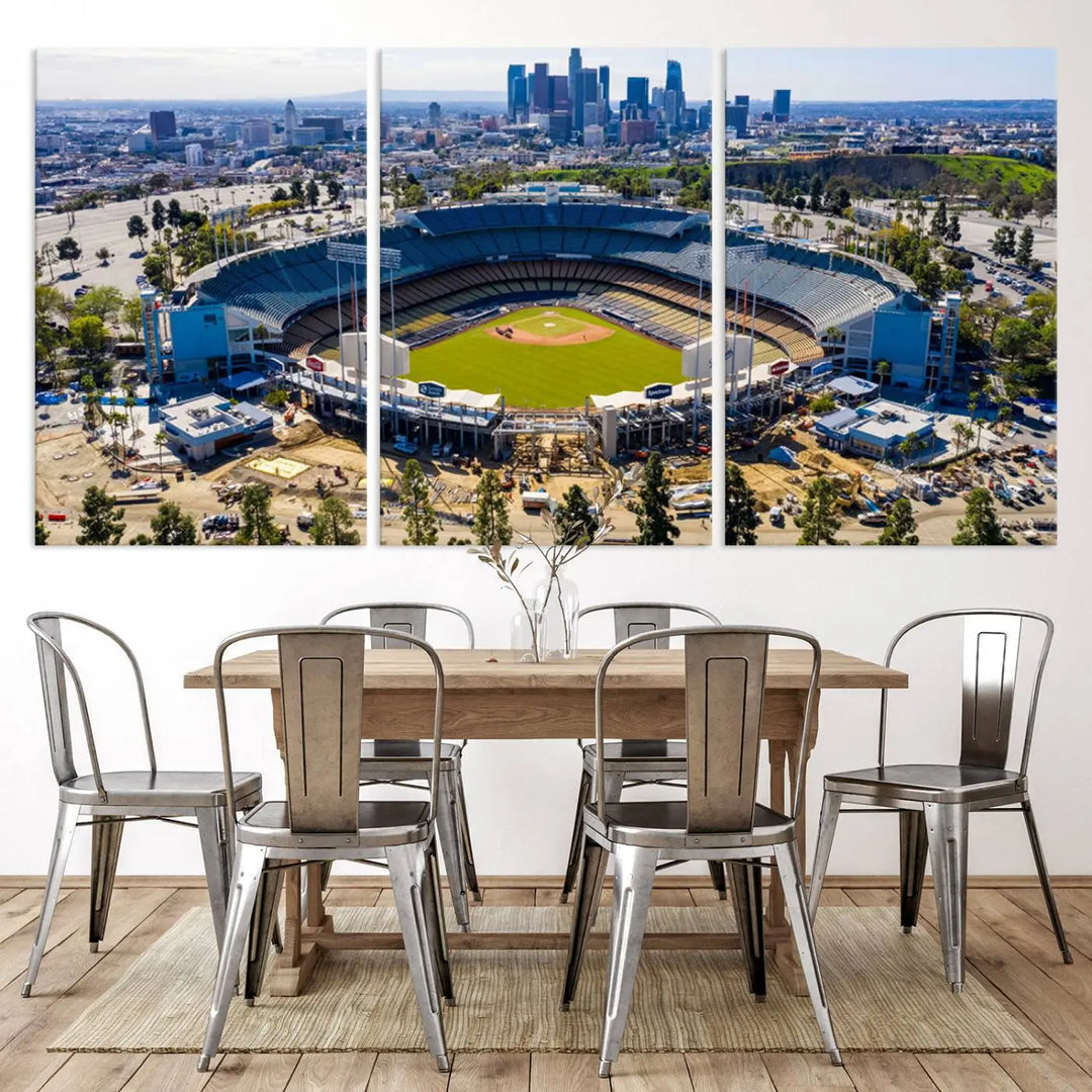 Aerial view of Dodger Stadium, home to the Los Angeles Dodgers, set against a city skyline and featured as a striking wall art piece across three framed panels, offering a gallery-quality finish.