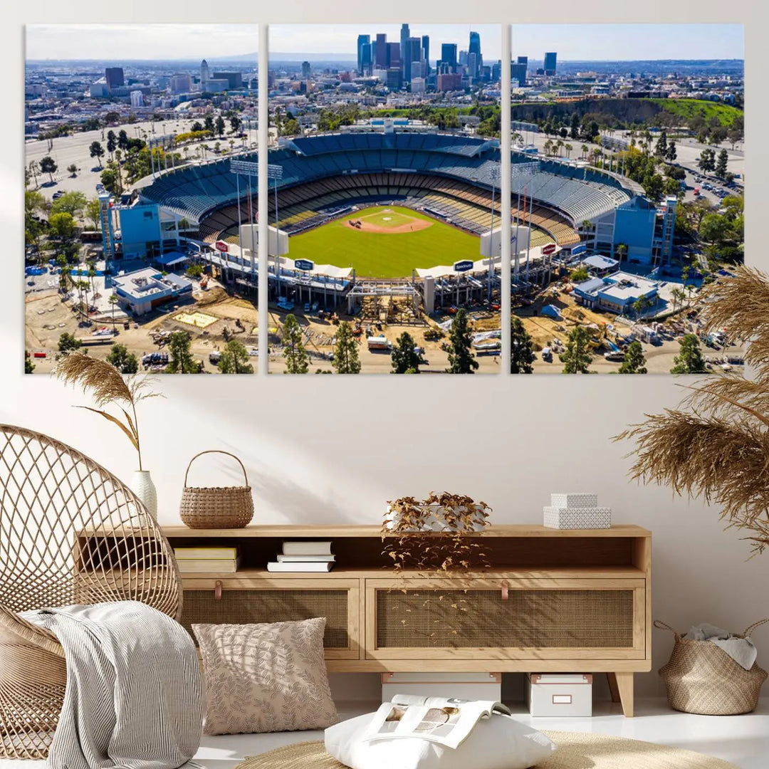 Aerial view of Dodger Stadium, home to the Los Angeles Dodgers, set against a city skyline and featured as a striking wall art piece across three framed panels, offering a gallery-quality finish.