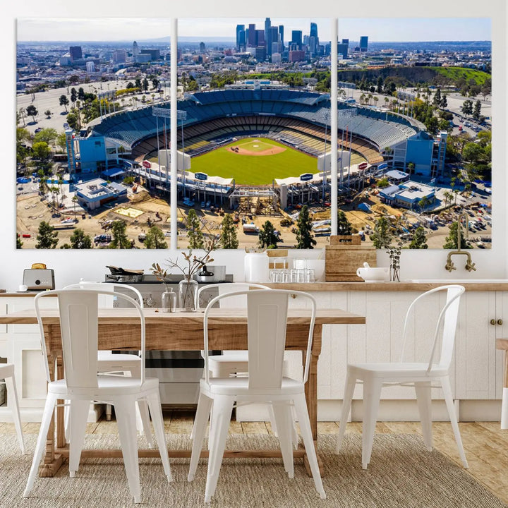 Aerial view of Dodger Stadium, home to the Los Angeles Dodgers, set against a city skyline and featured as a striking wall art piece across three framed panels, offering a gallery-quality finish.